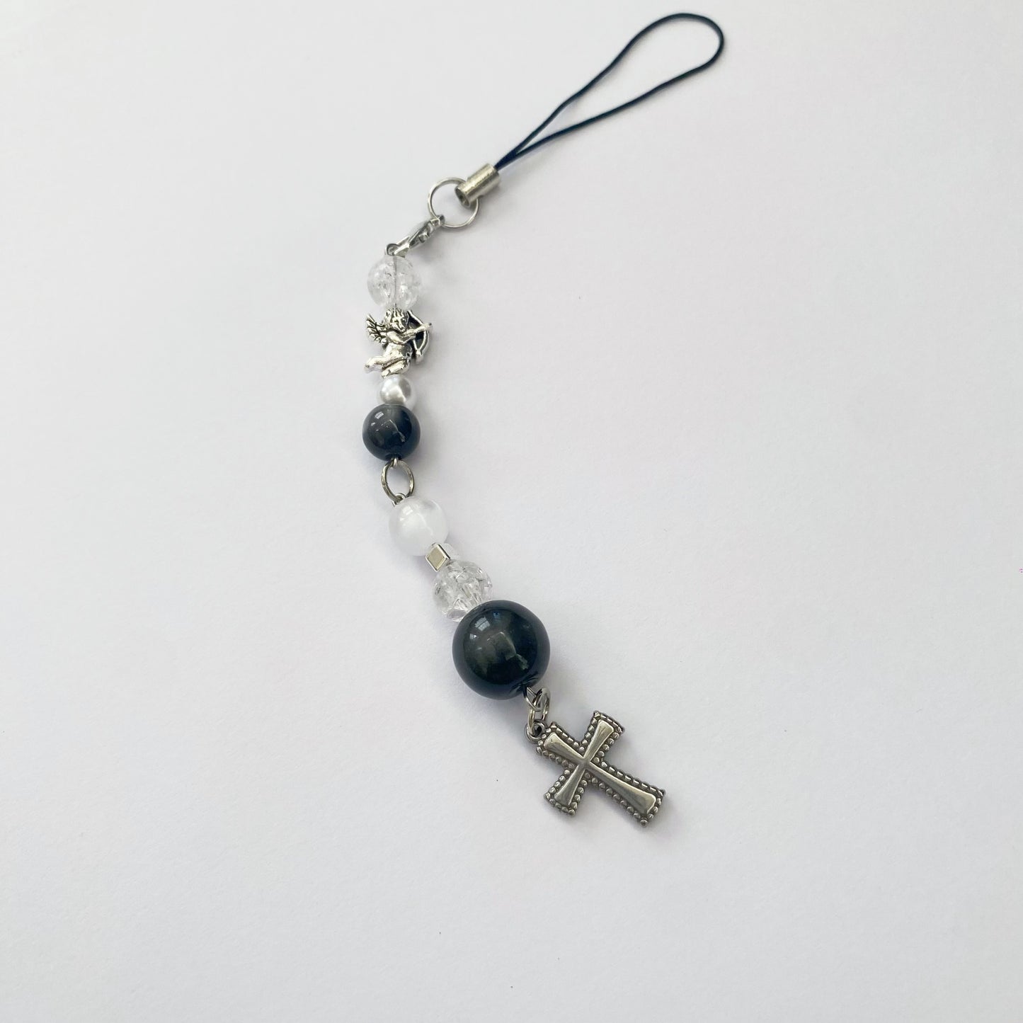 Handmade Black Angle Beaded Phone Charm/ Keychain/ Bagcharm