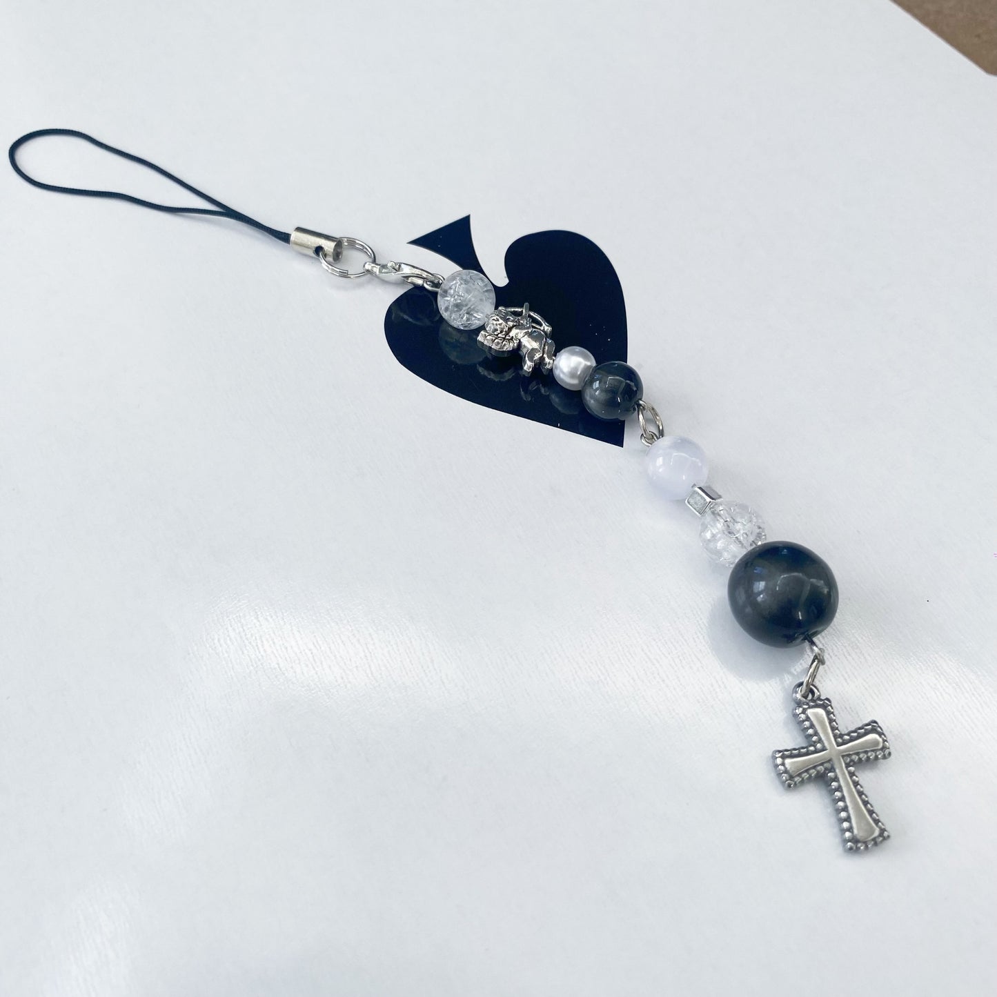 Handmade Black Angle Beaded Phone Charm/ Keychain/ Bagcharm