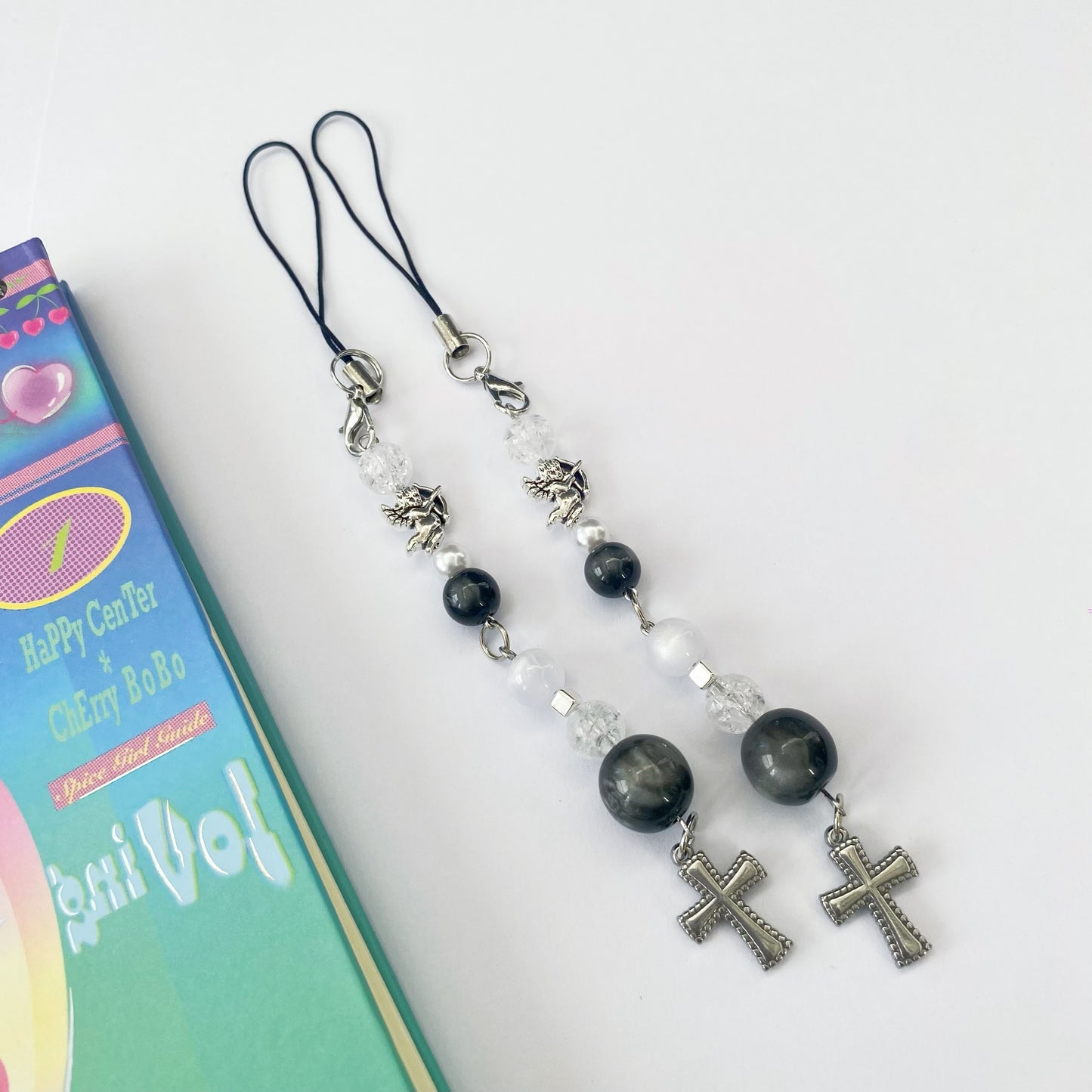 Handmade Black Angle Beaded Phone Charm/ Keychain/ Bagcharm